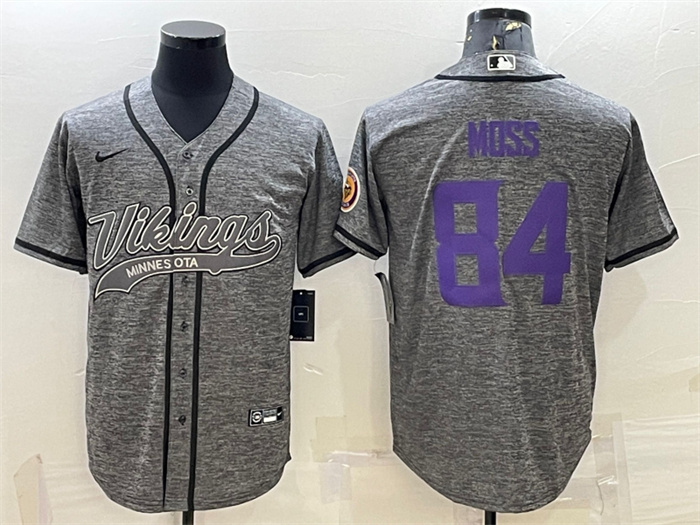 Men's Minnesota Vikings #84 Randy Moss Grey With Patch Cool Base Stitched Baseball Jersey Men's Minnesota Vikings #84 Randy Moss Grey With Patch Cool Base Stitched Baseball Jersey