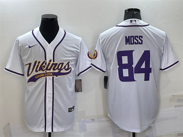 Men's Minnesota Vikings #84 Randy Moss White With Patch Cool Base Stitched Baseball Jersey Men's Minnesota Vikings #84 Randy Moss White With Patch Cool Base Stitched Baseball Jersey