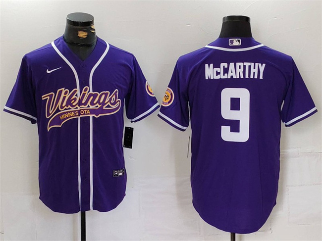 Men's Minnesota Vikings #9 J.J. McCarthy Purple Cool Base Stitched Baseball Jersey Men's Minnesota Vikings #9 J.J. McCarthy Purple Cool Base Stitched Baseball Jersey
