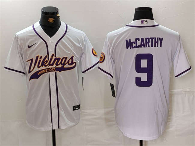 Men's Minnesota Vikings #9 J.J. McCarthy White Cool Base Stitched Baseball Jersey Men's Minnesota Vikings #9 J.J. McCarthy White Cool Base Stitched Baseball Jersey