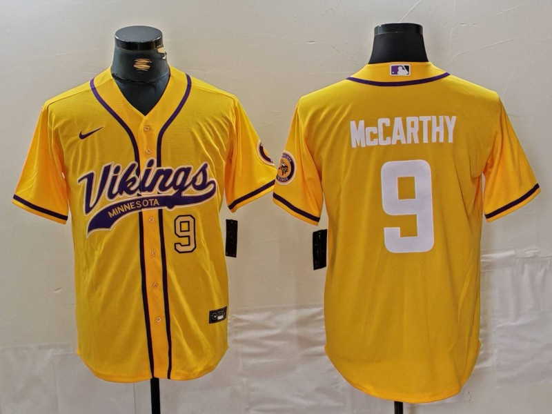 Men's Minnesota Vikings #9 J.J. McCarthy Yellow Cool Base Stitched Baseball Jersey Men's Minnesota Vikings #9 J.J. McCarthy Yellow Cool Base Stitched Baseball Jersey