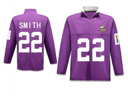 Men's Minnesota Vikings 22 Smith Antigua Charcoal Fortune Sweater Knit Microfleece Quarter-Zip Pullover Purple Jacket