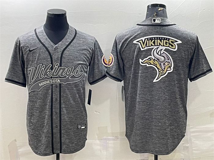 Men's Minnesota Vikings Grey Team Big Logo With Patch Cool Base Stitched Baseball Jersey Men's Minnesota Vikings Grey Team Big Logo With Patch Cool Base Stitched Baseball Jersey
