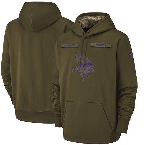 Men's Minnesota Vikings Nike Olive Salute to Service Sideline Therma Performance Pullover Hoodie Men's Minnesota Vikings Nike Olive Salute to Service Sideline Therma Performance Pullover Hoodie
