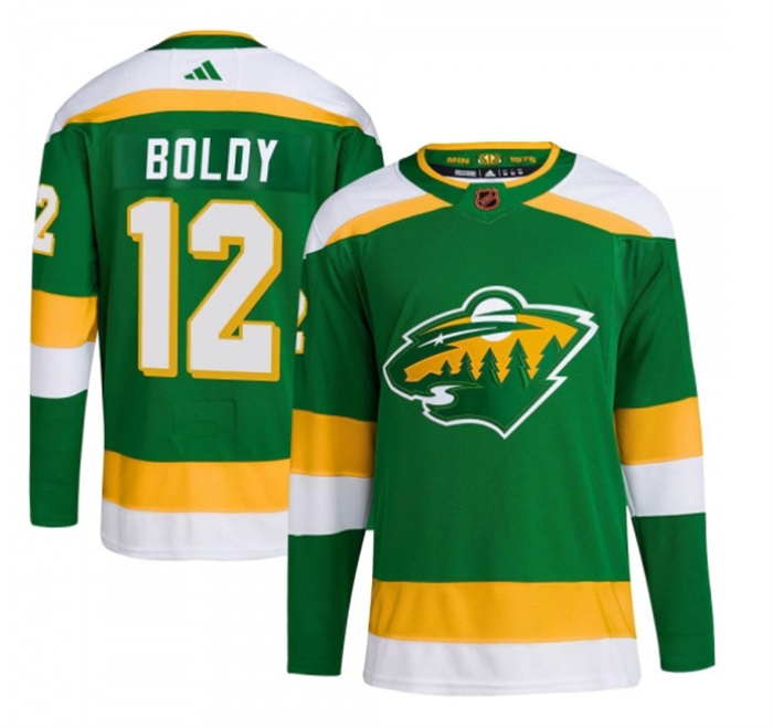 Men's Minnesota Wild #12 Matt Boldy Green 2022-23 Reverse Retro Stitched Jersey Men's Minnesota Wild #12 Matt Boldy Green 2022-23 Reverse Retro Stitched Jersey