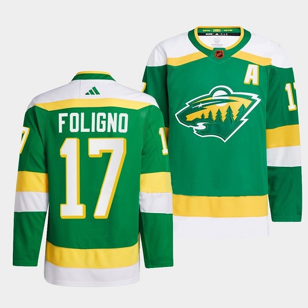 Men's Minnesota Wild #17 Marcus Foligno Green 2022-23 Reverse Retro Stitched Jersey Men's Minnesota Wild #17 Marcus Foligno Green 2022-23 Reverse Retro Stitched Jersey