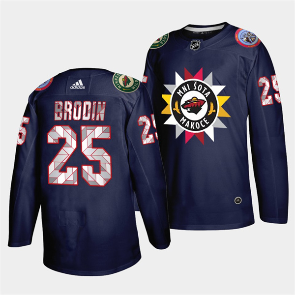 Men's Minnesota Wild #25 Jonas Brodin 2021 22 Navy Native American Heritage Day Stitched Jersey