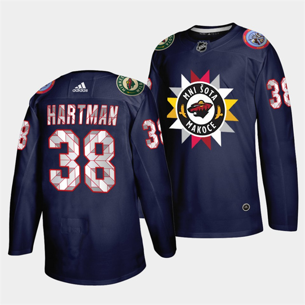 Men's Minnesota Wild #38 Ryan Hartman 2021 22 Navy Native American Heritage Day Stitched Jersey