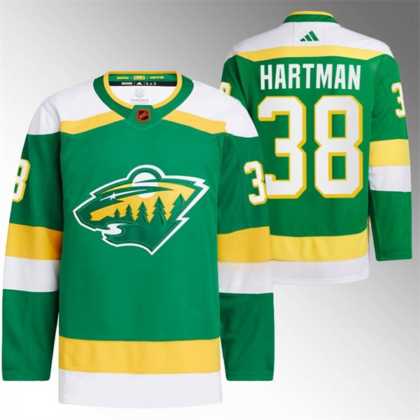 Men's Minnesota Wild #38 Ryan Hartman Green 2022-23 Reverse Retro Stitched Jersey Men's Minnesota Wild #38 Ryan Hartman Green 2022-23 Reverse Retro Stitched Jersey