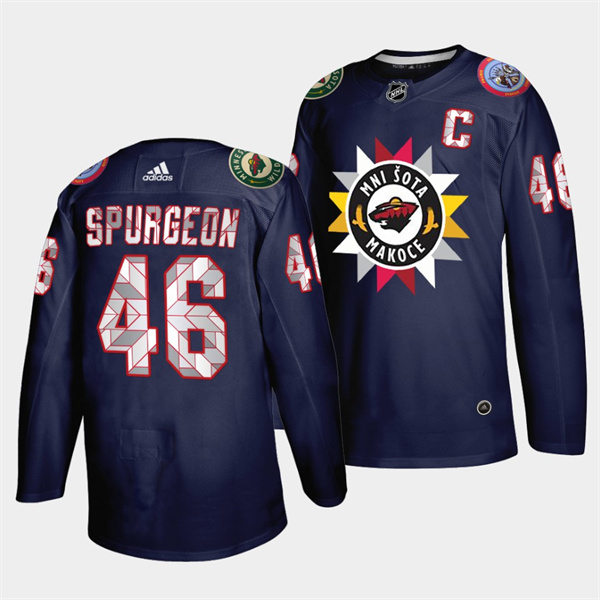 Men's Minnesota Wild #46 Jared Spurgeon 2021 22 Navy Native American Heritage Day Stitched Jersey Men's Minnesota Wild #46 Jared Spurgeon 2021 22 Navy Native American Heritage Day Stitched Jersey