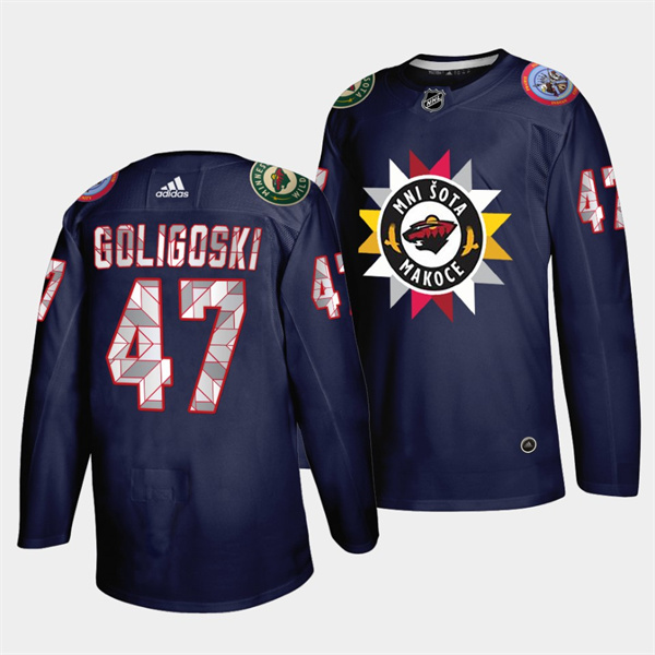 Men's Minnesota Wild #47 Alex Goligoski 2021 22 Navy Native American Heritage Day Stitched Jersey Men's Minnesota Wild #47 Alex Goligoski 2021 22 Navy Native American Heritage Day Stitched Jersey