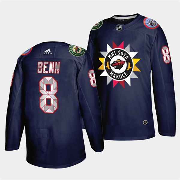 Men's Minnesota Wild #8 Jordie Benn 2021 22 Navy Native American Heritage Day Stitched Jersey
