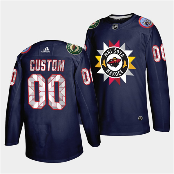 Men's Minnesota Wild ACTIVE PLAYER Custom 2021 22 Navy Native American Heritage Day Stitched Jersey Men's Minnesota Wild ACTIVE PLAYER Custom 2021 22 Navy Native American Heritage Day Stitched Jersey