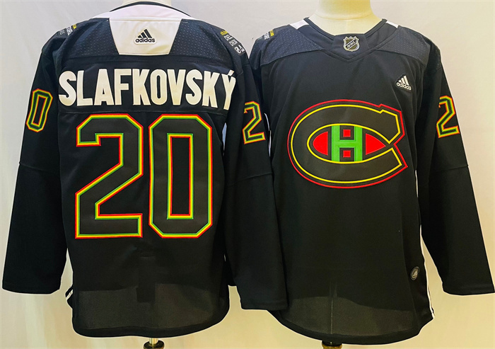 Men's Montreal Canadiens #20 Juraj Slafkovsky 2022 Black Warm Up History Night Stitched Jersey Men's Montreal Canadiens #20 Juraj Slafkovsky 2022 Black Warm Up History Night Stitched Jersey