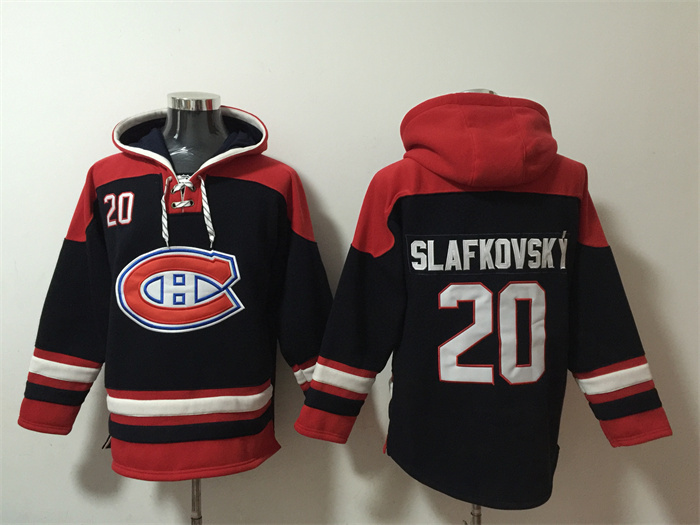 Men's Montreal Canadiens #20 Juraj Slafkovsky Navy Red Lace-Up Pullover Hoodie Men's Montreal Canadiens #20 Juraj Slafkovsky Navy Red Lace-Up Pullover Hoodie