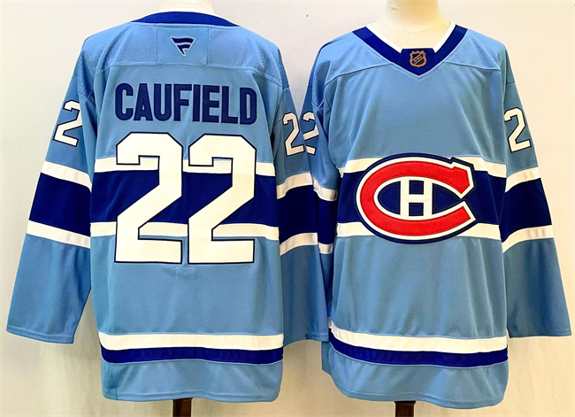 Men's Montreal Canadiens #22 Cole Caufield Blue 2024-25 Reverse Retro Stitched Jersey Men's Montreal Canadiens #22 Cole Caufield Blue 2024-25 Reverse Retro Stitched Jersey