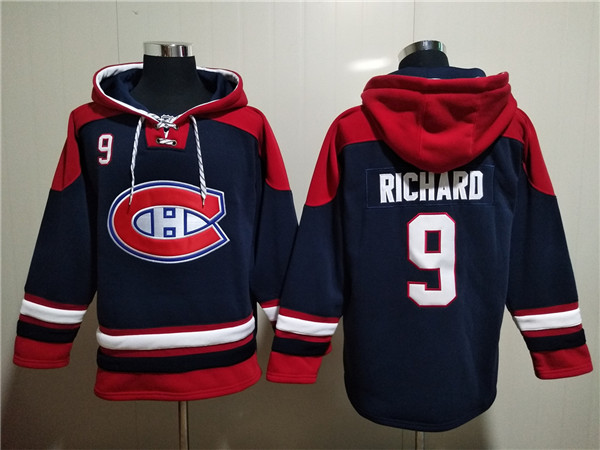 Men's Montreal Canadiens #9 Maurice Richard Navy Red Lace-Up Pullover Hoodie Men's Montreal Canadiens #9 Maurice Richard Navy Red Lace-Up Pullover Hoodie