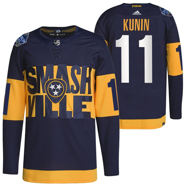 Men's Nashville Predators #11 Luke Kunin 2022 Navy Stadium Series Breakaway Player Stitched Jersey Men's Nashville Predators #11 Luke Kunin 2022 Navy Stadium Series Breakaway Player Stitched Jersey