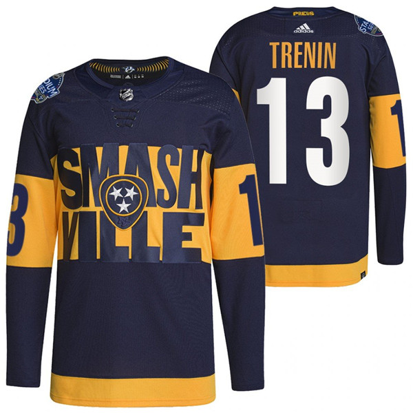 Men's Nashville Predators #13 Yakov Trenin 2022 Navy Stadium Series Breakaway Player Stitched Jersey Men's Nashville Predators #13 Yakov Trenin 2022 Navy Stadium Series Breakaway Player Stitched Jersey