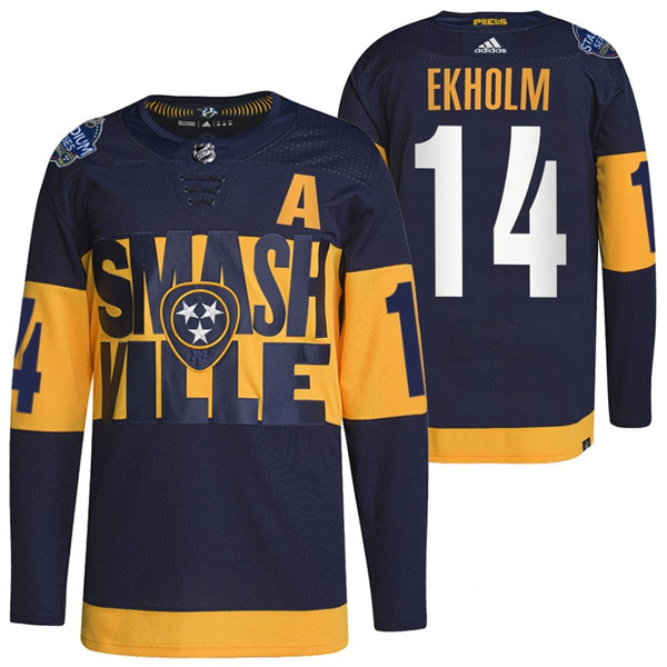 Men's Nashville Predators #14 Mattias Ekholm 2022 Navy Stadium Series Breakaway Player Stitched Jersey Men's Nashville Predators #14 Mattias Ekholm 2022 Navy Stadium Series Breakaway Player Stitched Jersey