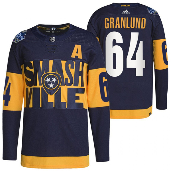 Men's Nashville Predators #64 Mikael Granlund 2022 Navy Stadium Series Breakaway Player Stitched Jersey Men's Nashville Predators #64 Mikael Granlund 2022 Navy Stadium Series Breakaway Player Stitched Jersey