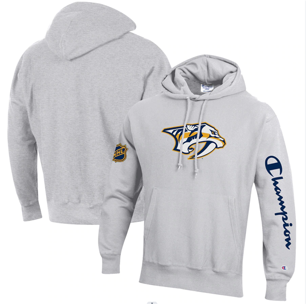 Men's Nashville Predators Champion Heathered Gray Reverse Weave Pullover Hoodie Men's Nashville Predators Champion Heathered Gray Reverse Weave Pullover Hoodie