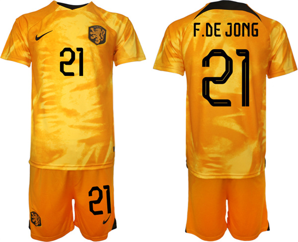 Men's Netherlands #21 F. De Jong Orange Home Soccer Jersey Suit 1