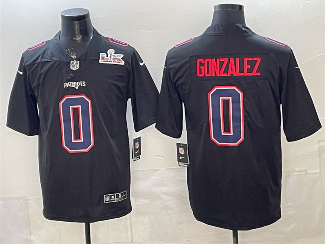 Men's New England Patriots #0 Christian Gonzalez Black 2025 Super Bowl LX Patch Carbon Fashion Stitched Football Jersey Men's New England Patriots #0 Christian Gonzalez Black 2025 Super Bowl LX Patch Carbon Fashion Stitched Football Jersey