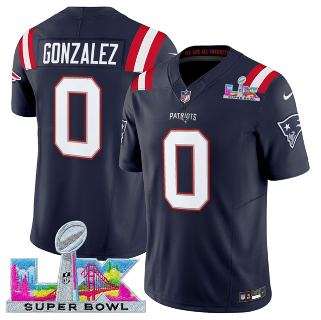 Men's New England Patriots #0 Christian Gonzalez Navy 2025 F.U.S.E. Super Bowl LX Patch Vapor Limited Stitched Football Jersey Men's New England Patriots #0 Christian Gonzalez Navy 2025 F.U.S.E. Super Bowl LX Patch Vapor Limited Stitched Football Jersey