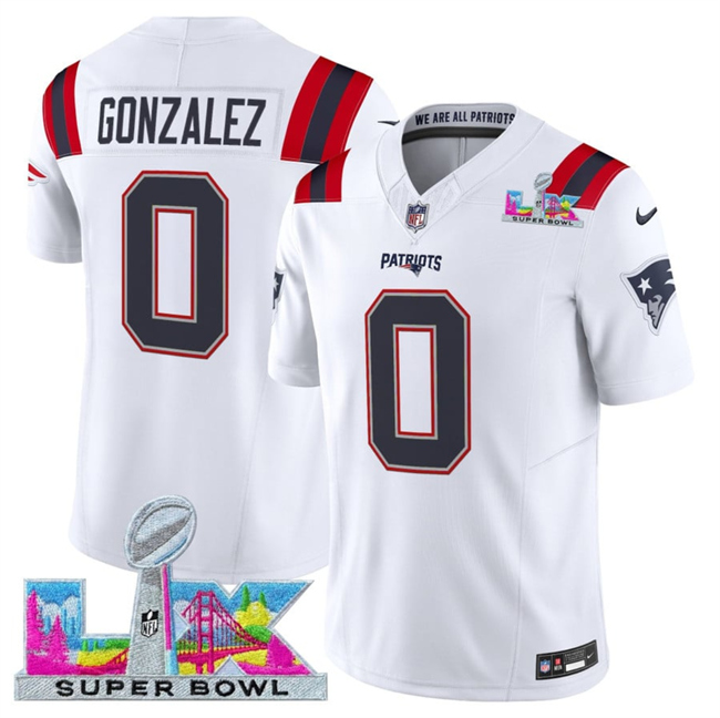 Men's New England Patriots #0 Christian Gonzalez White 2025 F.U.S.E. Super Bowl LX Patch Vapor Limited Stitched Football Jersey Men's New England Patriots #0 Christian Gonzalez White 2025 F.U.S.E. Super Bowl LX Patch Vapor Limited Stitched Football Jersey