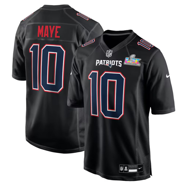 Men's New England Patriots #10 Drake Maye Black 2025 Super Bowl LX Patch Carbon Fashion Stitched Game Jersey