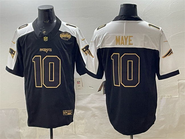 Men's New England Patriots #10 Drake Maye Black Alternate Gold F.U.S.E. 2025 AFC East Championship Patch Limited Stitched Football Jersey Men's New England Patriots #10 Drake Maye Black Alternate Gold F.U.S.E. 2025 AFC East Championship Patch Limited Stitched Football Jersey