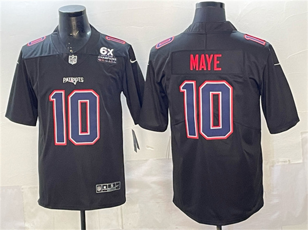 Men's New England Patriots #10 Drake Maye Black Fashion With 6x Super Bowl Champions Patch Vapor Untouchable Limited Stitched Football Jersey