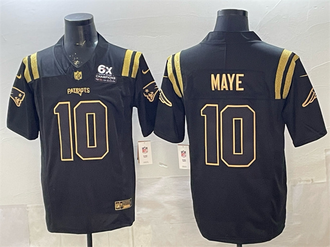Men's New England Patriots #10 Drake Maye Black Gold 2025 F.U.S.E. With 6x Super Bowl Champions Patch Limited Stitched Football Jersey Men's New England Patriots #10 Drake Maye Black Gold 2025 F.U.S.E. With 6x Super Bowl Champions Patch Limited Stitched Football Jersey