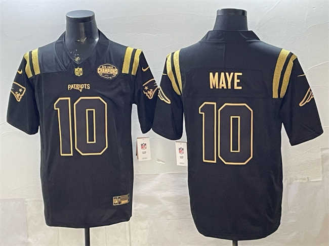 Men's New England Patriots #10 Drake Maye Black Gold F.U.S.E. 2025 AFC East Championship Patch Limited Stitched Football Jersey Men's New England Patriots #10 Drake Maye Black Gold F.U.S.E. 2025 AFC East Championship Patch Limited Stitched Football Jersey
