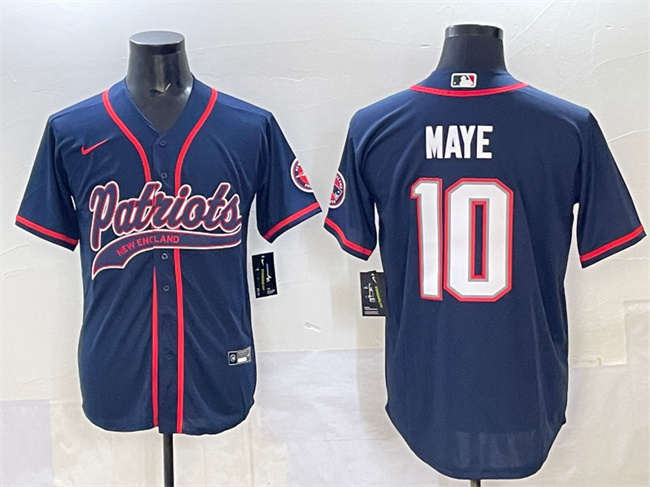 Men's New England Patriots #10 Drake Maye Navy With Path Cool Base Stitched Baseball Jersey Men's New England Patriots #10 Drake Maye Navy With Path Cool Base Stitched Baseball Jersey