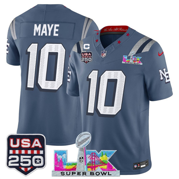 Men's New England Patriots #10 Drake Maye Star C Patch And Super Bowl LX Patch & USA 250' Patch “Rivalries” Vapor Limited Football Stitched Jersey