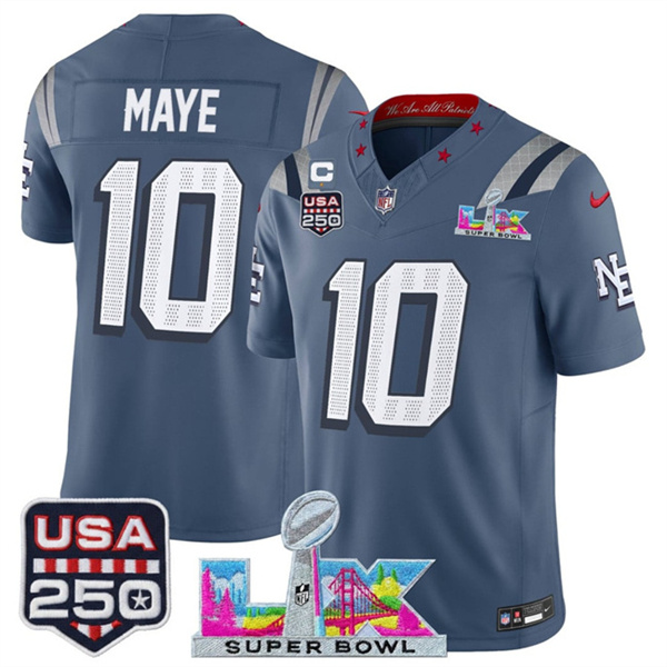 Men's New England Patriots #10 Drake Maye Star C Patch And Super Bowl LX Patch & USA 250' Patch “Rivalries” Vapor Limited Stitched Football Jersey Men's New England Patriots #10 Drake Maye Star C Patch And Super Bowl LX Patch & USA 250' Patch “Rivalries” Vapor Limited Stitched Football Jersey