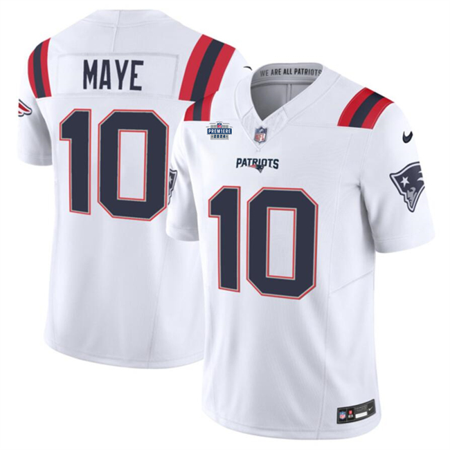 Men's New England Patriots #10 Drake Maye White 2024 With Draft Patch F.U.S.E Vapor Limited Stitched Football Jersey Men's New England Patriots #10 Drake Maye White 2024 With Draft Patch F.U.S.E Vapor Limited Stitched Football Jersey
