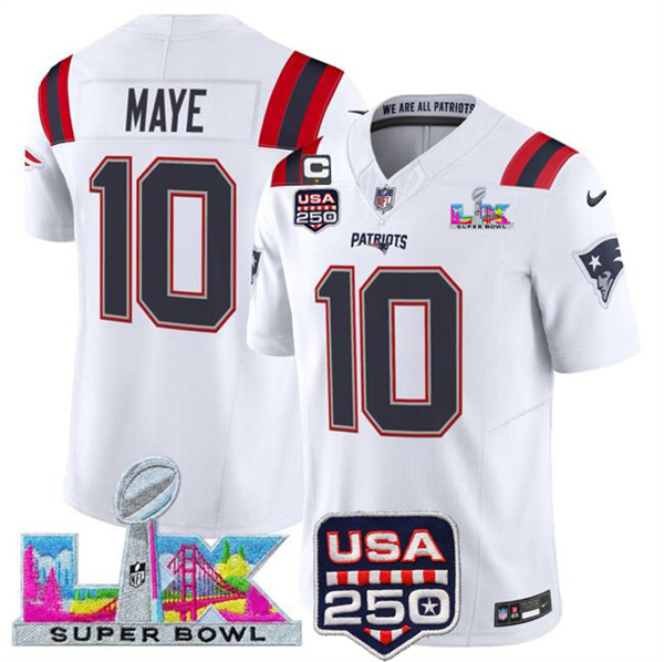Men's New England Patriots #10 Drake Maye White 2025 F.U.S.E. 1-Star C Patch And Super Bowl LX Patch & USA 250' Patch Vapor Limited Football Stitched Jersey