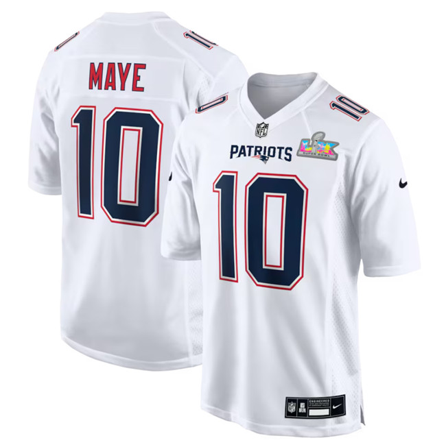 Men's New England Patriots #10 Drake Maye White 2025 Super Bowl LX Patch Tundra Fashion Stitched Game Jersey