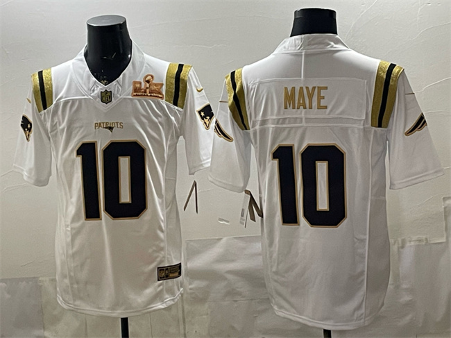 Men's New England Patriots #10 Drake Maye White Gold 2025 F.U.S.E. Super Bowl LX Patch Vapor Limited Stitched Football Jersey Men's New England Patriots #10 Drake Maye White Gold 2025 F.U.S.E. Super Bowl LX Patch Vapor Limited Stitched Football Jersey