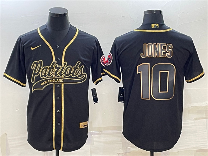 Men's New England Patriots #10 Mac Jones Black Gold With Patch Cool Base Stitched Baseball Jersey Men's New England Patriots #10 Mac Jones Black Gold With Patch Cool Base Stitched Baseball Jersey