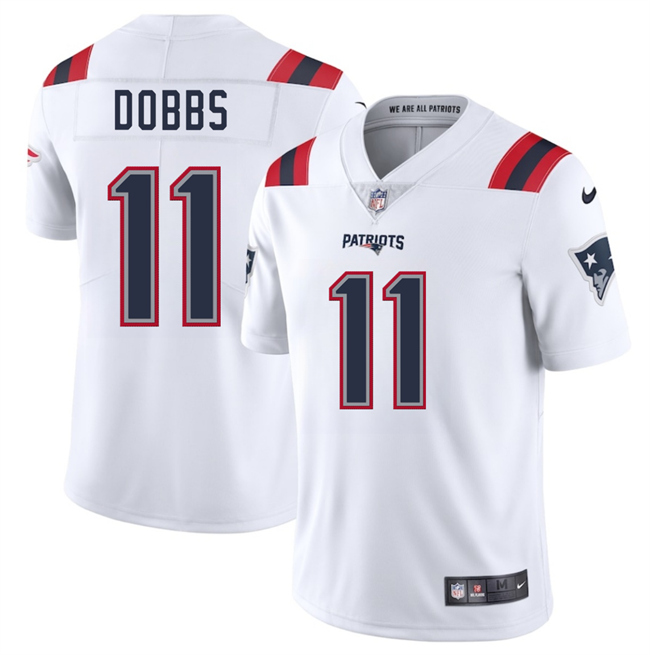 Men's New England Patriots #11 Joshua Dobbs White 2025 Vapor Limited Stitched Football Jersey Men's New England Patriots #11 Joshua Dobbs White 2025 Vapor Limited Stitched Football Jersey