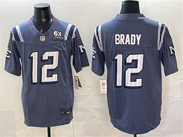 Men's New England Patriots #12 Tom Brady Storm Blue 2025 F.U.S.E. With 6x Super Bowl Champions Patch “Rivalries” Vapor Limited Stitched Football Jersey
