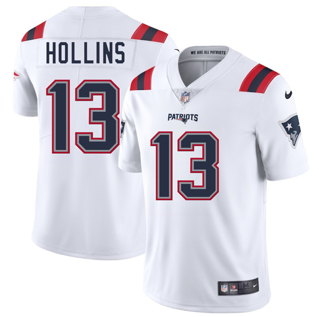 Men's New England Patriots #13 Mack Hollins White 2025 Vapor Limited Stitched Football Jersey Men's New England Patriots #13 Mack Hollins White 2025 Vapor Limited Stitched Football Jersey