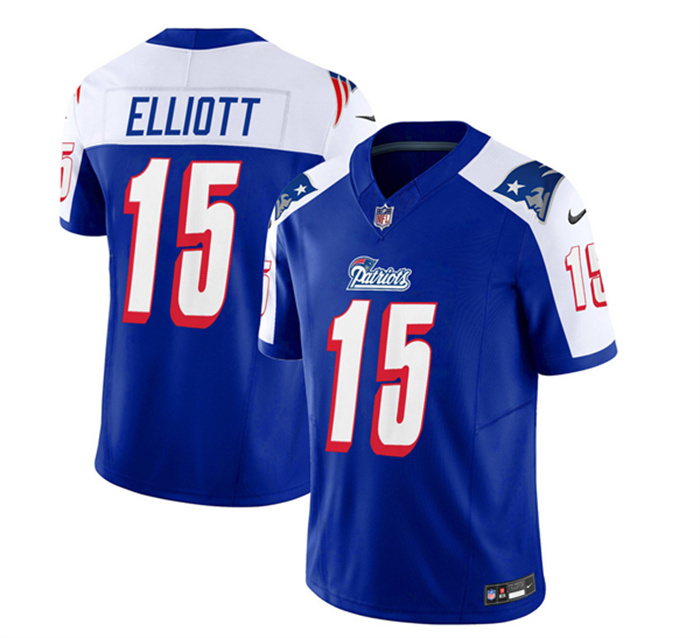 Men's New England Patriots #15 Ezekiel Elliott Blue White 2023 F.U.S.E. Vapor Limited Stitched Football Jersey Men's New England Patriots #15 Ezekiel Elliott Blue White 2023 F.U.S.E. Vapor Limited Stitched Football Jersey