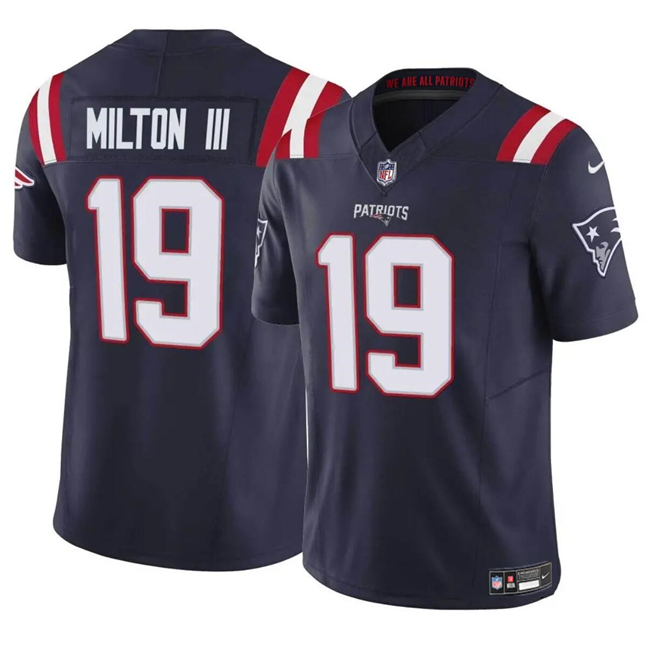 Men's New England Patriots #19 Joe Milton III Navy 2024 F.U.S.E. Vapor Limited Stitched Football Jersey Men's New England Patriots #19 Joe Milton III Navy 2024 F.U.S.E. Vapor Limited Stitched Football Jersey