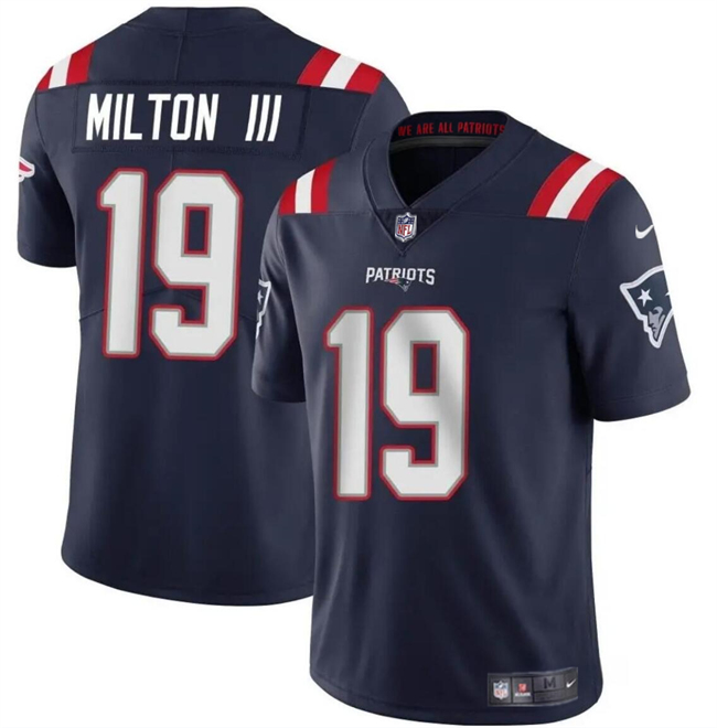 Men's New England Patriots #19 Joe Milton III Navy 2024 Vapor Limited Stitched Football Jersey Men's New England Patriots #19 Joe Milton III Navy 2024 Vapor Limited Stitched Football Jersey
