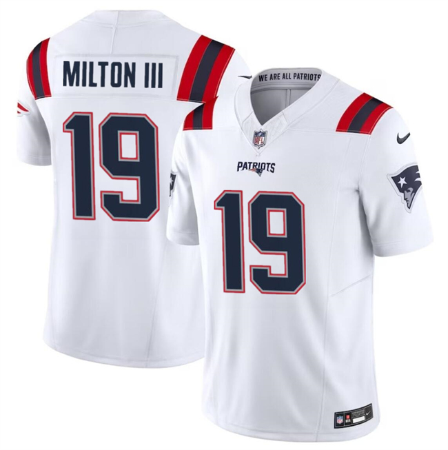 Men's New England Patriots #19 Joe Milton III White 2023 F.U.S.E. Vapor Limited Stitched Football Jersey Men's New England Patriots #19 Joe Milton III White 2023 F.U.S.E. Vapor Limited Stitched Football Jersey